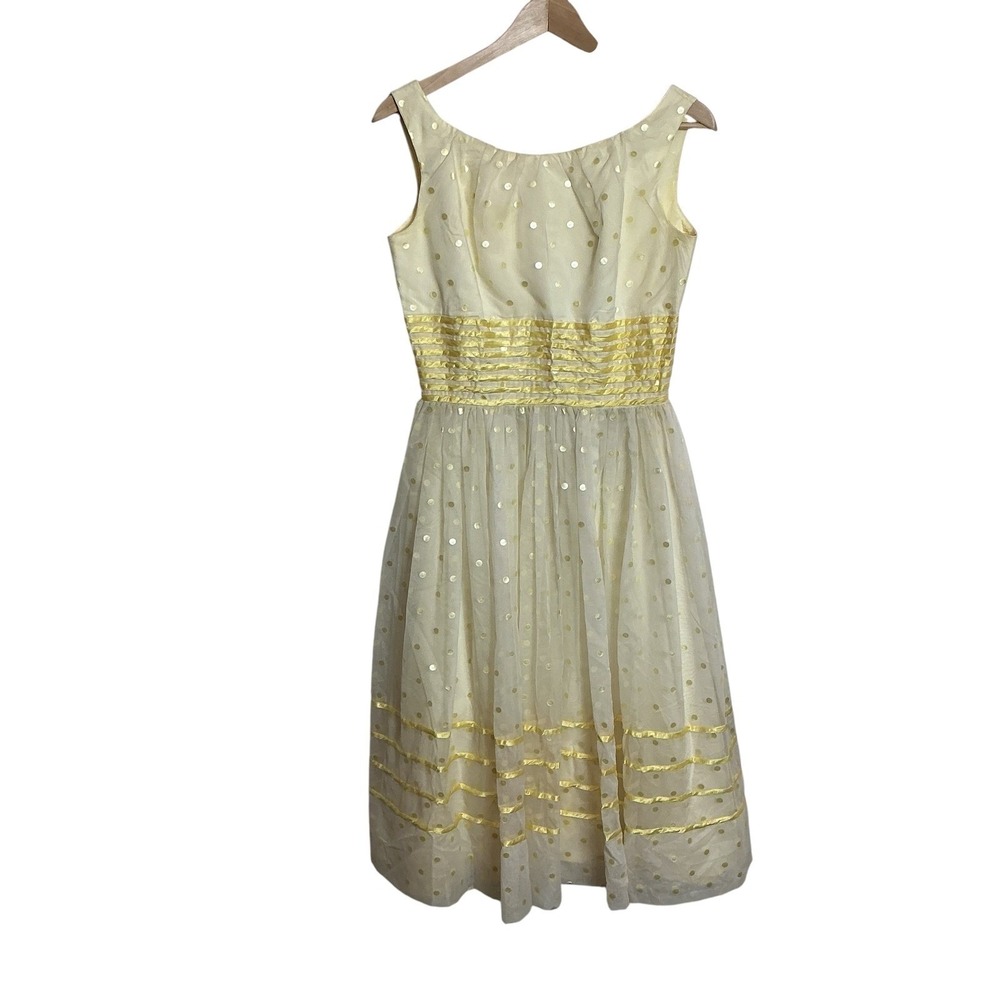 Vintage Kerrybrooke Sears 50s Dress Gold Polka Dot Organza Fit Flare Cream Small